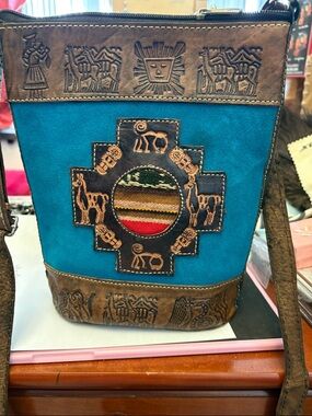 Handcrafted Peruvian Handcrafted Turquoise & Brown Embossed Crossbody Bag